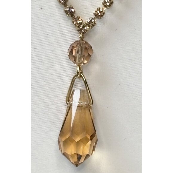 Gold Rhinestone Necklace With Amber Crystal Drop Pendant - Picture 5 of 7